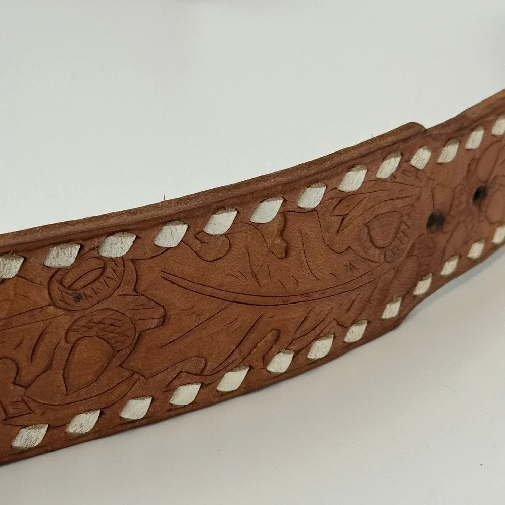 Custom Tooled Leather Belt David Personalized Buckstitch Western Tan Brown‎